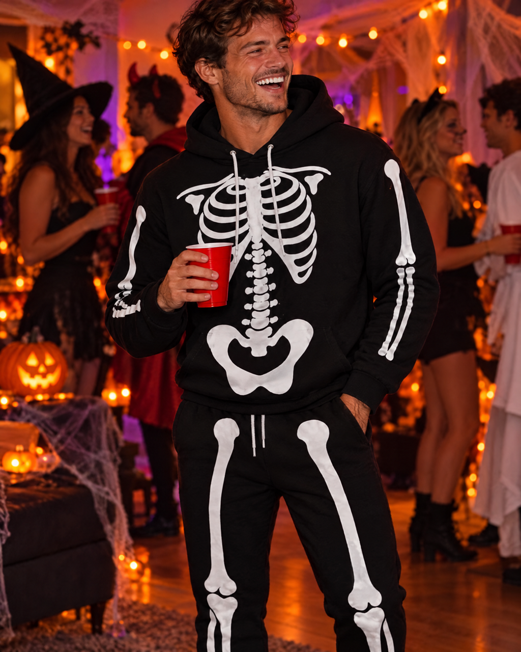 Man laughing at a Halloween party wearing the Skele-Oodie skeleton set