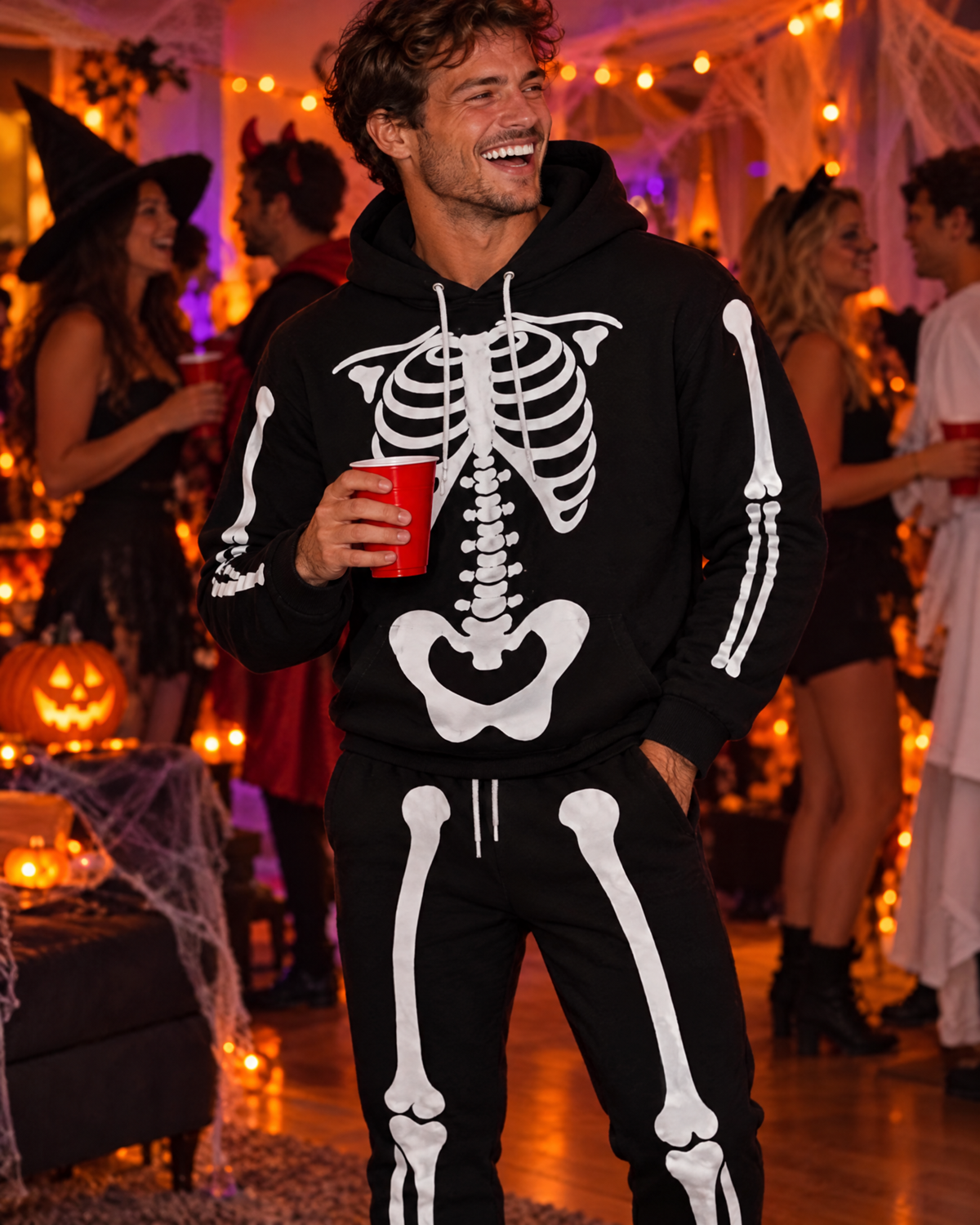 Man laughing at a Halloween party wearing the Skele-Oodie skeleton set