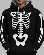 Close-up of the white ribcage and spine print on the Skele-Oodie hoodie