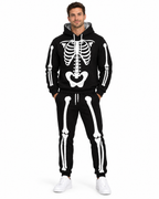 Man wearing the black Skele-Oodie skeleton print hoodie and jogger set, front view