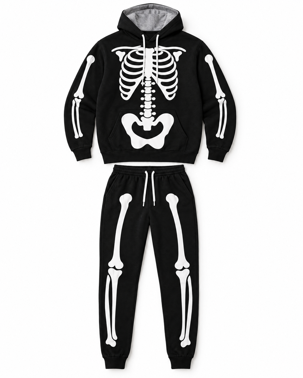 Flat lay of the Skele-Oodie skeleton hoodie and matching joggers