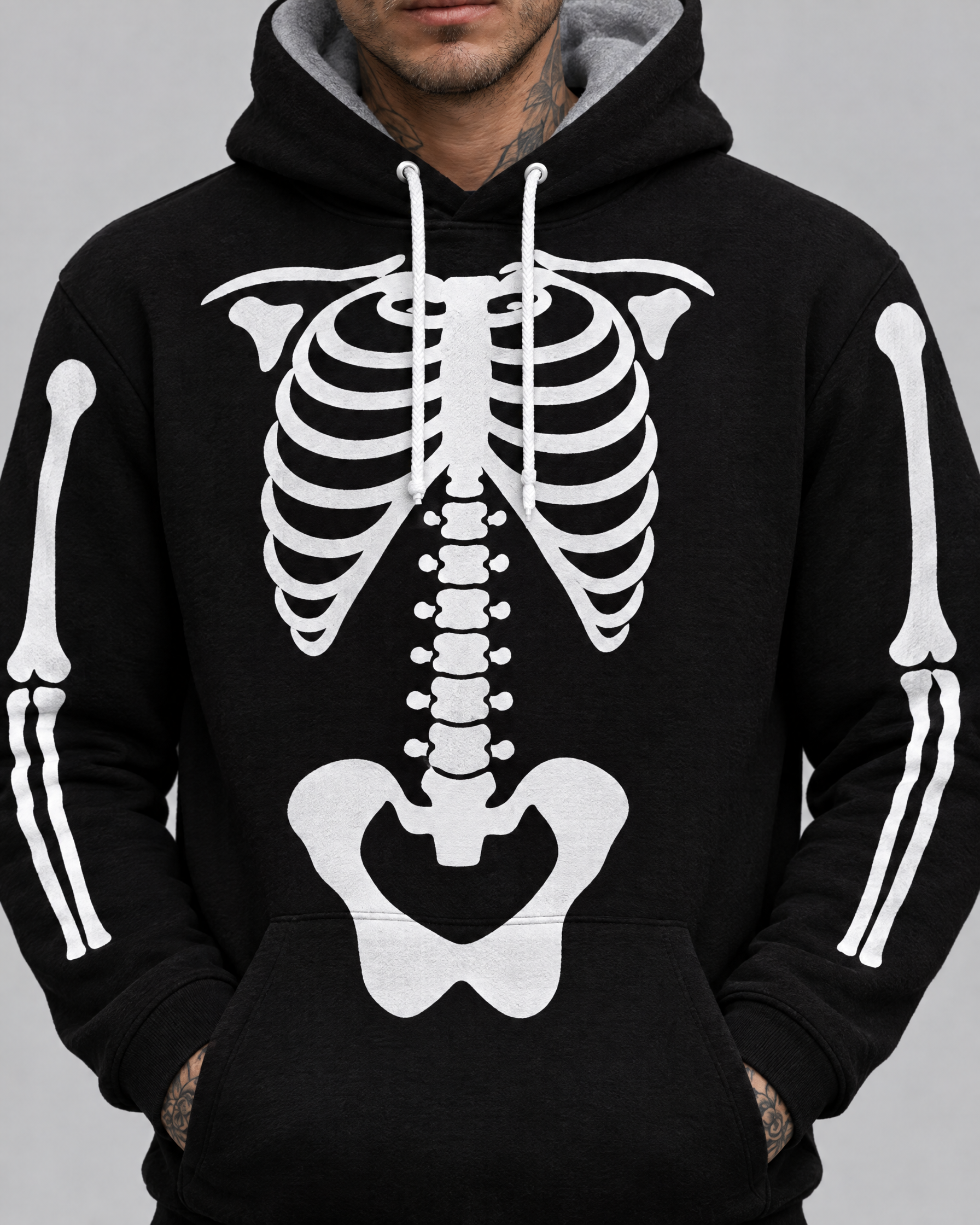 Close-up of the skeleton print on the Skele-Oodie hoodie